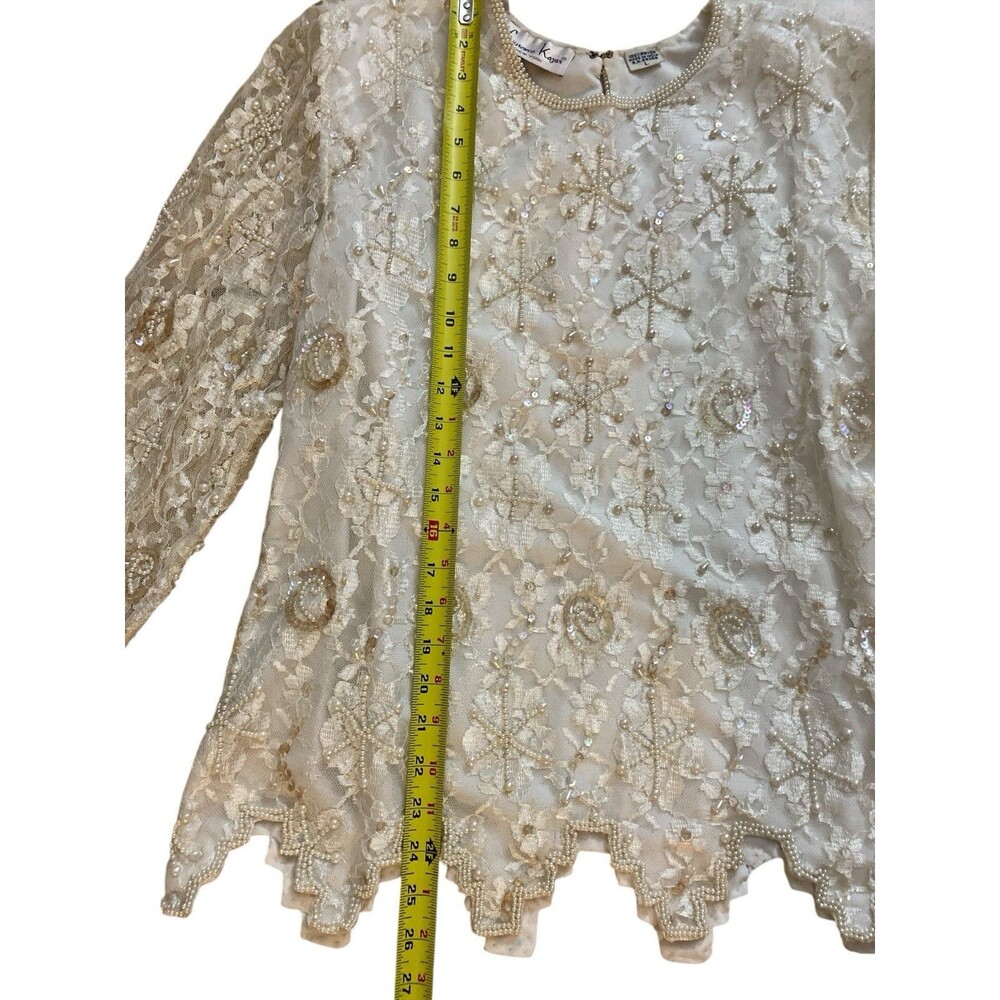 Vtg Laurence Kazar Ivory Blouse Women’s Beaded Lace Sequin Sz L Long‎ Sleeve - Picture 10 of 15